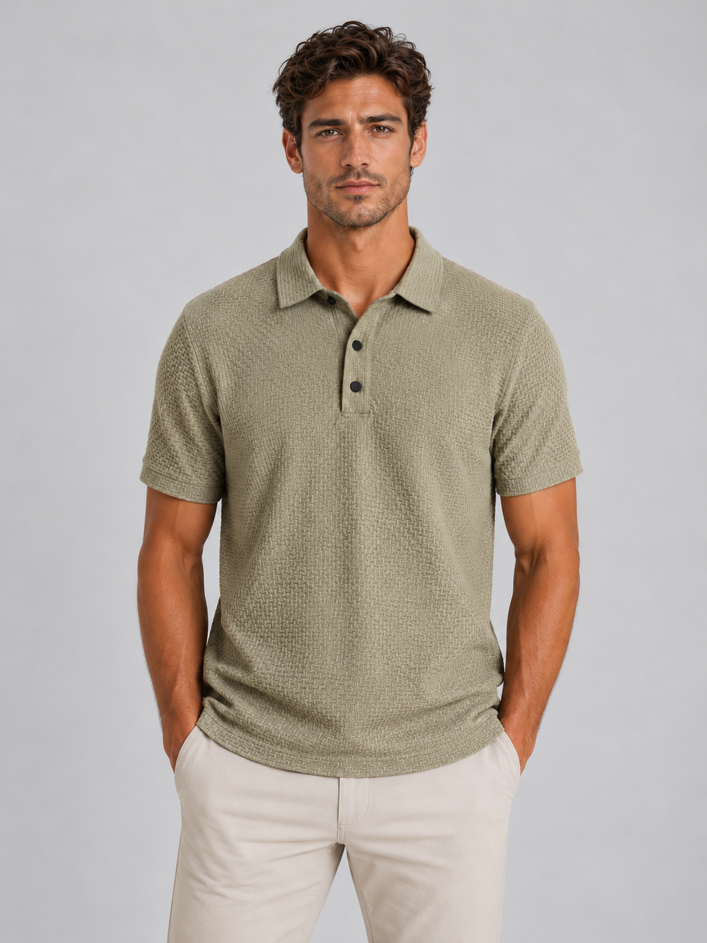 Men's Textured Knit Polo Shirt – Smart Casual Style — Sage Stone
