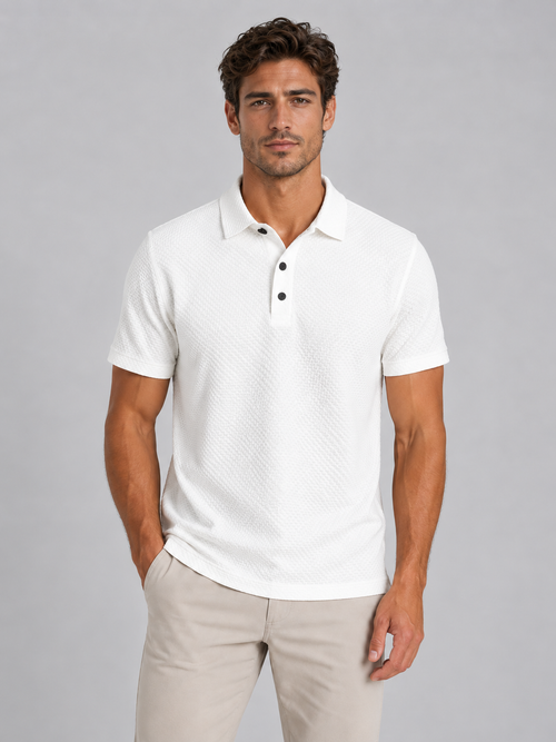 Men's Textured Knit Polo Shirt – Smart Casual Style — White