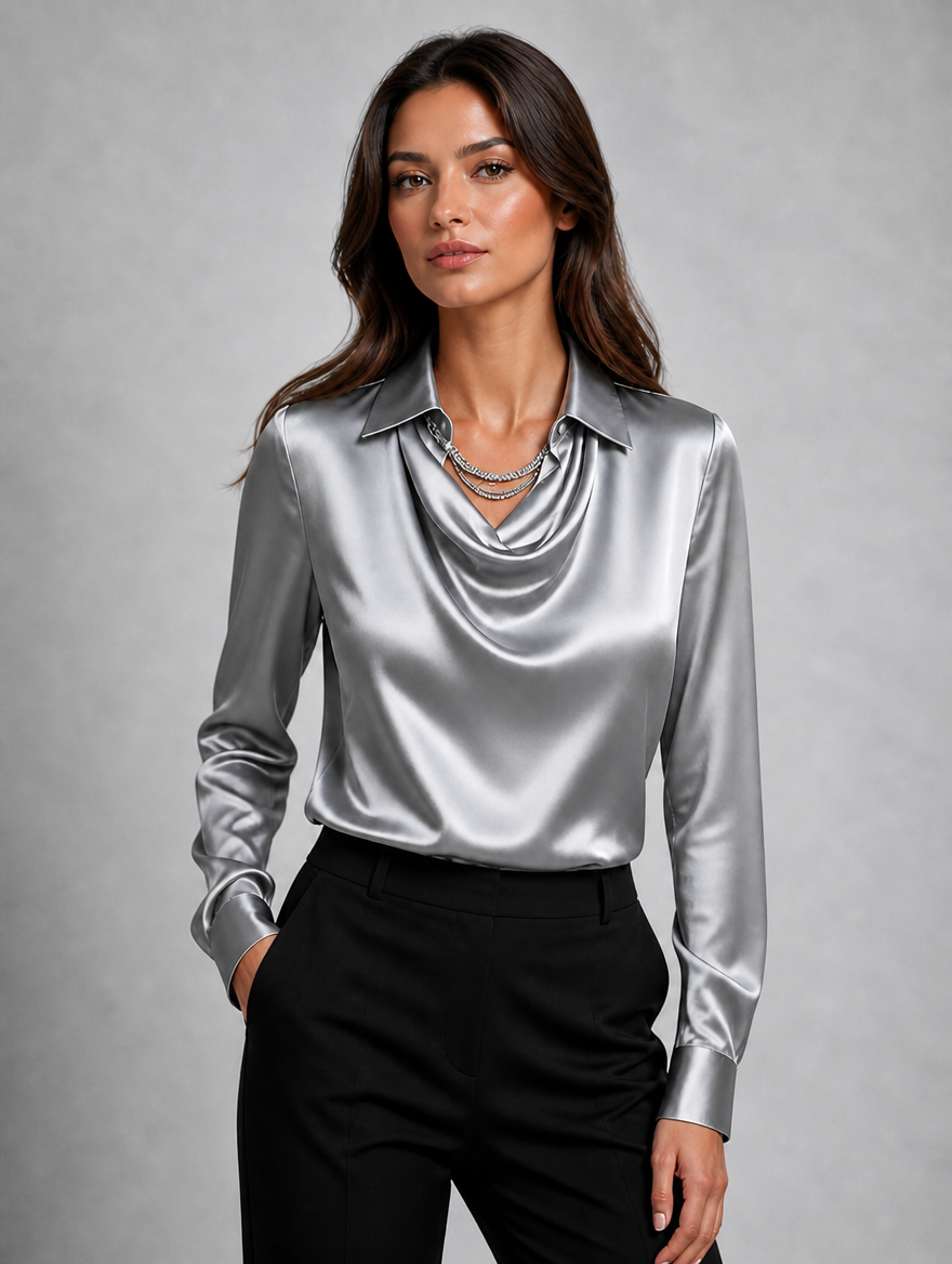Women’s Satin Look Long Sleeve Blouse — Silver