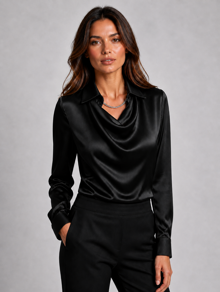 Women’s Satin Look Long Sleeve Blouse — Black