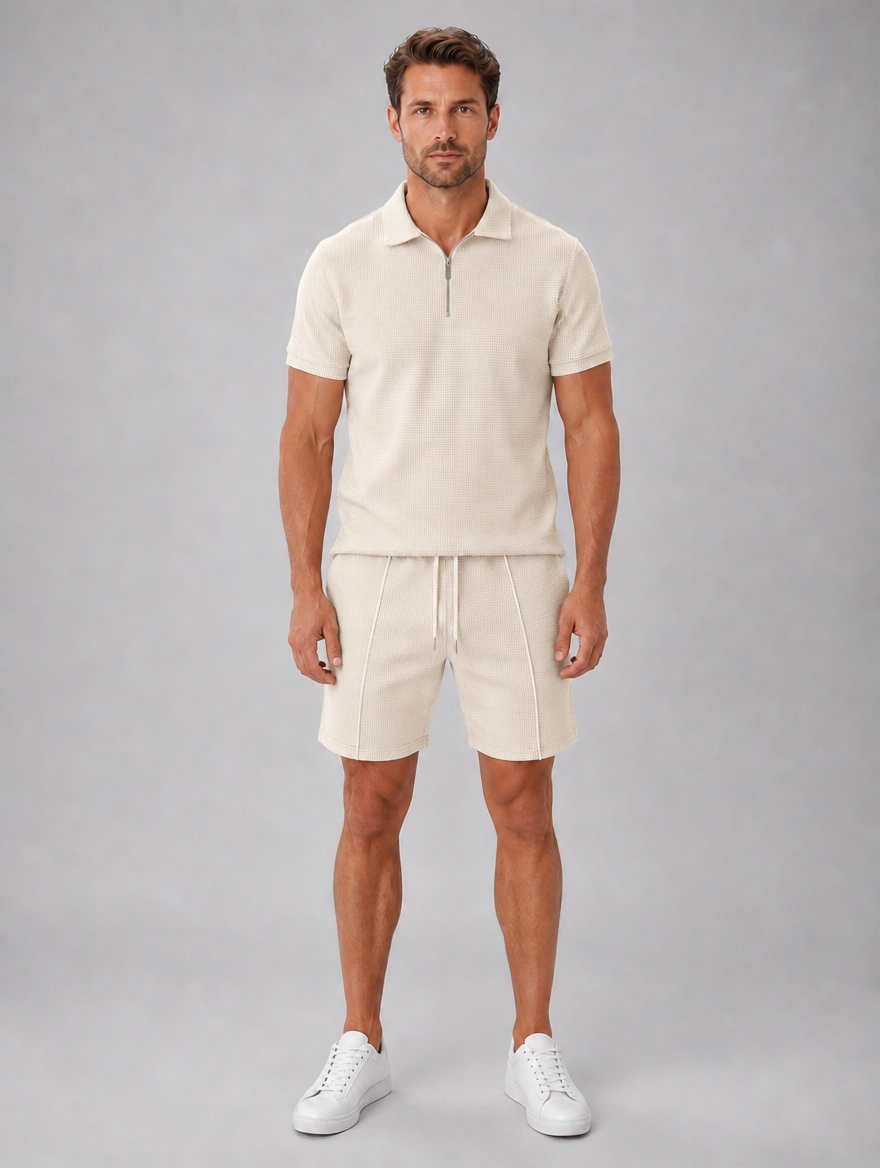 Men’s Summer Co-Ord Set – Polo & Shorts Set — Beige
