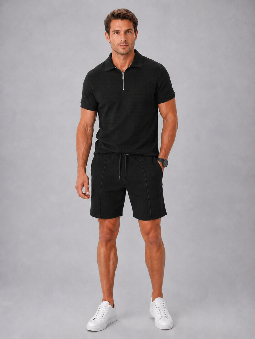 Men’s Summer Co-Ord Set – Polo & Shorts Set — Black