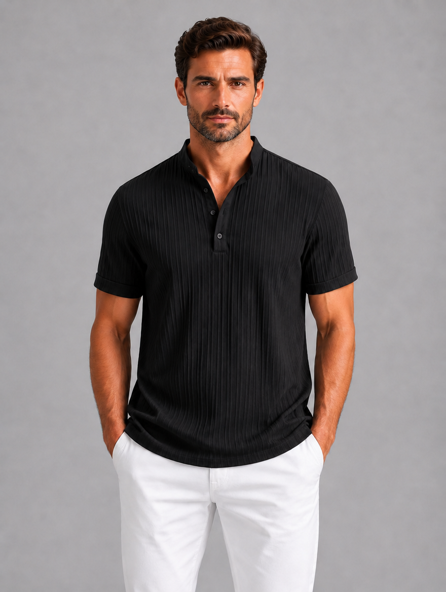 Men's Ribbed Henley Shirt – Lightweight Summer Top — Black