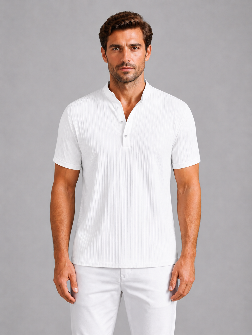 Men's Ribbed Henley Shirt – Lightweight Summer Top — White