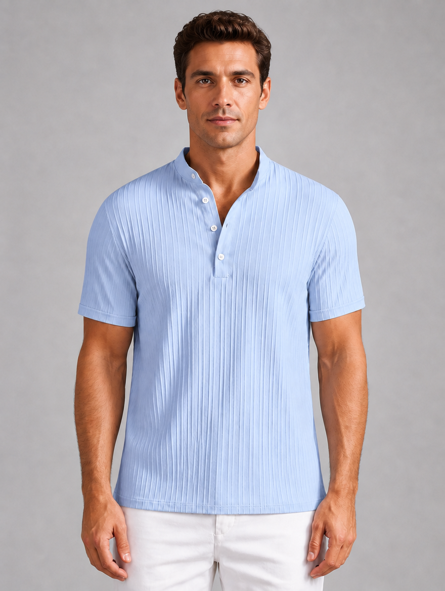 Men's Ribbed Henley Shirt – Lightweight Summer Top — Light Blue