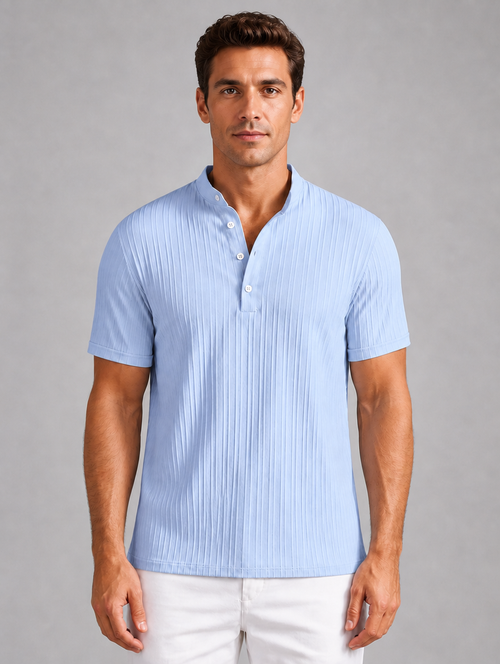 Men's Ribbed Henley Shirt – Lightweight Summer Top — Light Blue