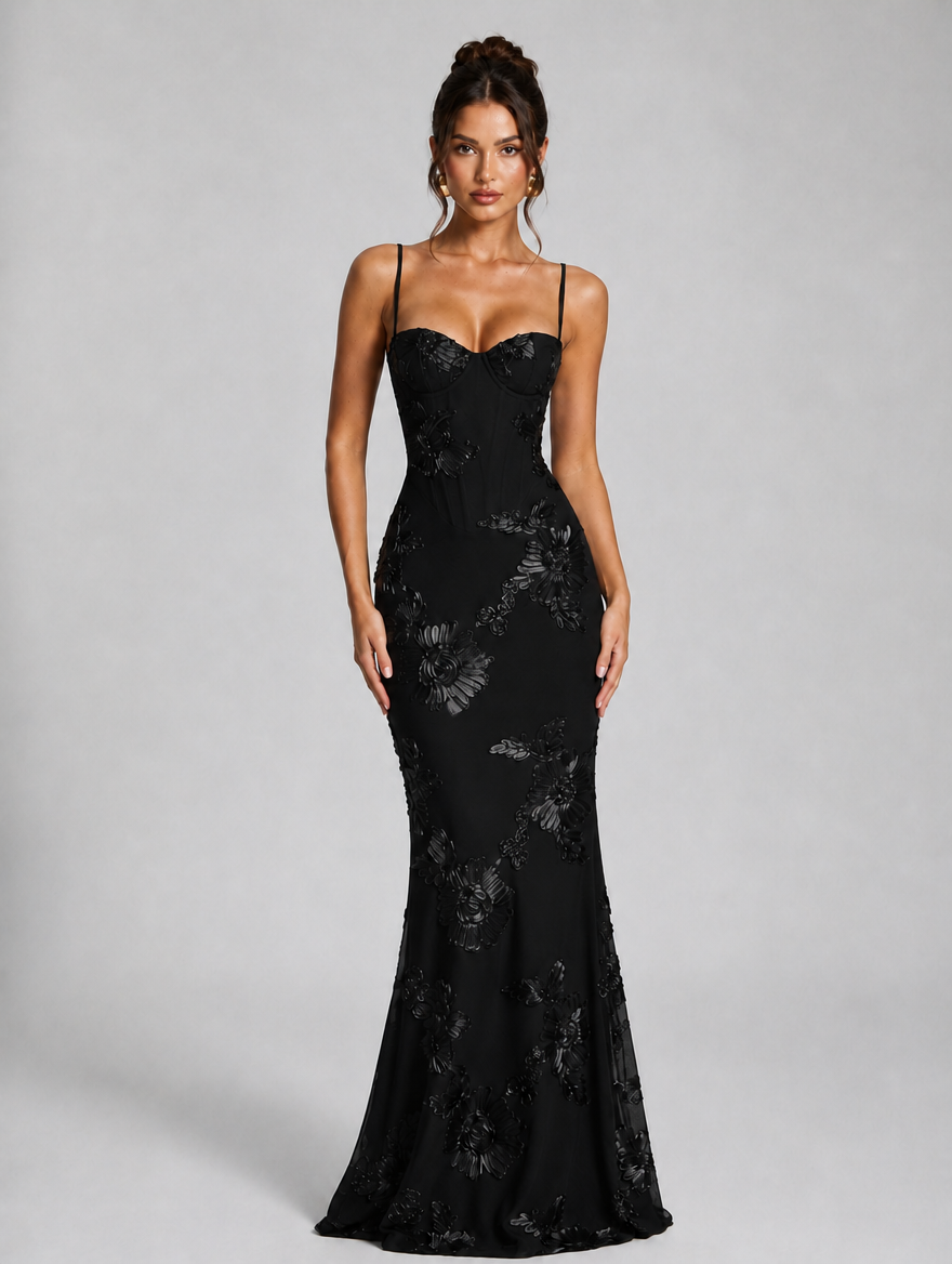 Women’s Floral Corset Maxi Dress — Black