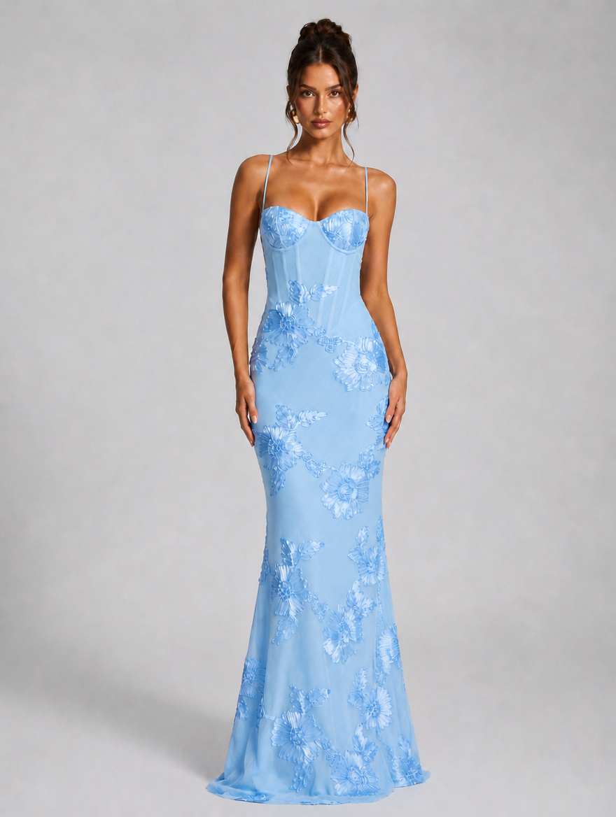 Women’s Floral Corset Maxi Dress — Light Blue