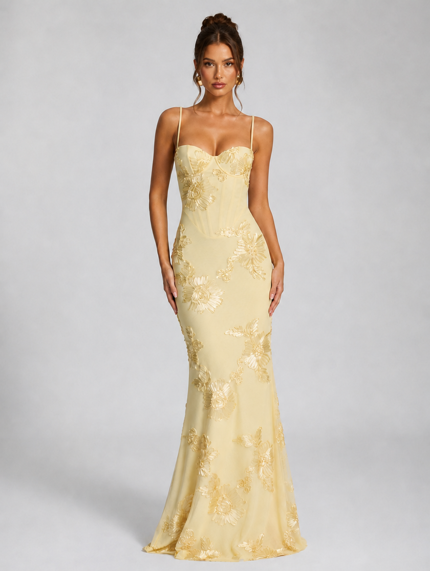 Women’s Floral Corset Maxi Dress — Yellow