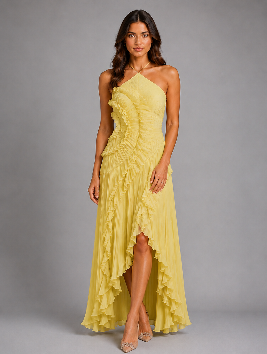 Women's Pleated Ruffle Halter Maxi Dress – Elegant Occasion Wear — Yellow