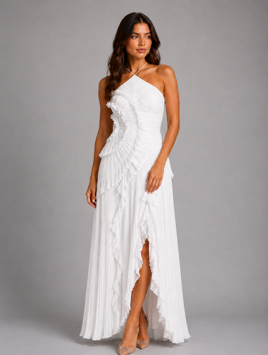 Women's Pleated Ruffle Halter Maxi Dress – Elegant Occasion Wear — White