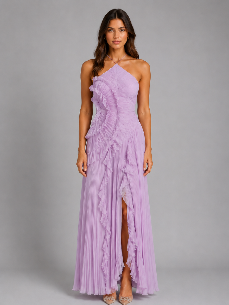 Women's Pleated Ruffle Halter Maxi Dress – Elegant Occasion Wear — Lilac