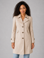 Women’s Tailored Single-Breasted Trench Coat – Buttoned Longline Jacket — Beige