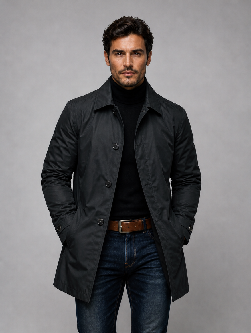 Men’s Tailored Classic Coat – Structured Smart-Casual Jacket — Black
