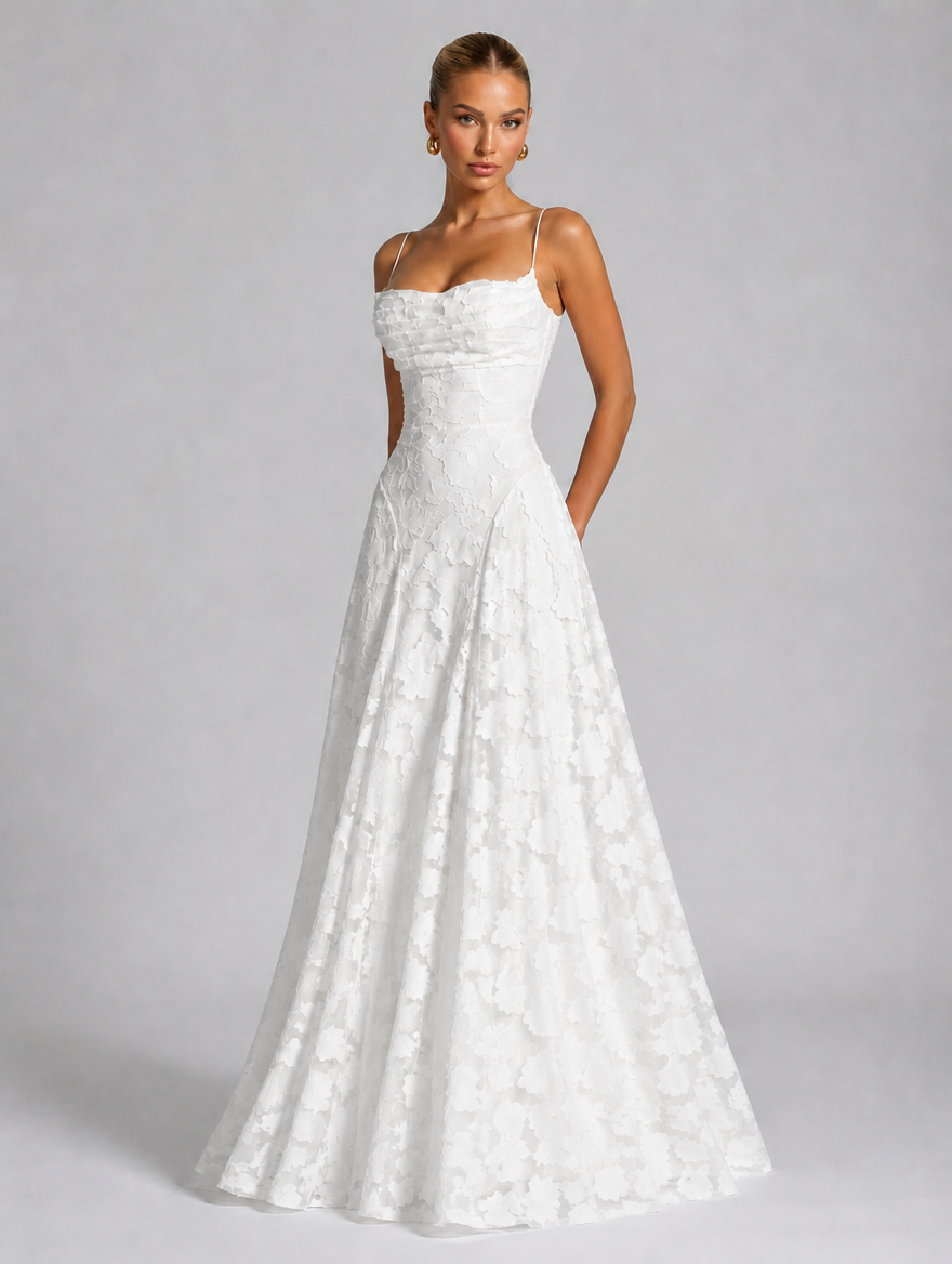 Women’s Floral Maxi Dress – Sculpted Silhouette — White