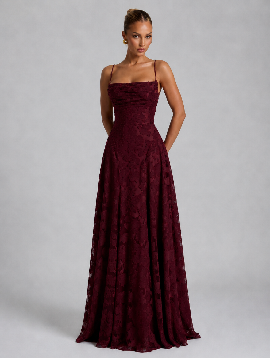 Women’s Floral Maxi Dress – Sculpted Silhouette — Burgundy