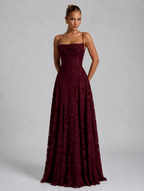 Women’s Floral Maxi Dress – Sculpted Silhouette — Burgundy