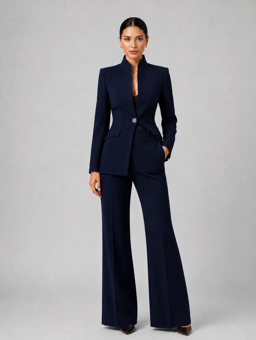 Women’s Tailored Blazer & Trouser Suit Set – Smart Formal Co-Ord — Navy