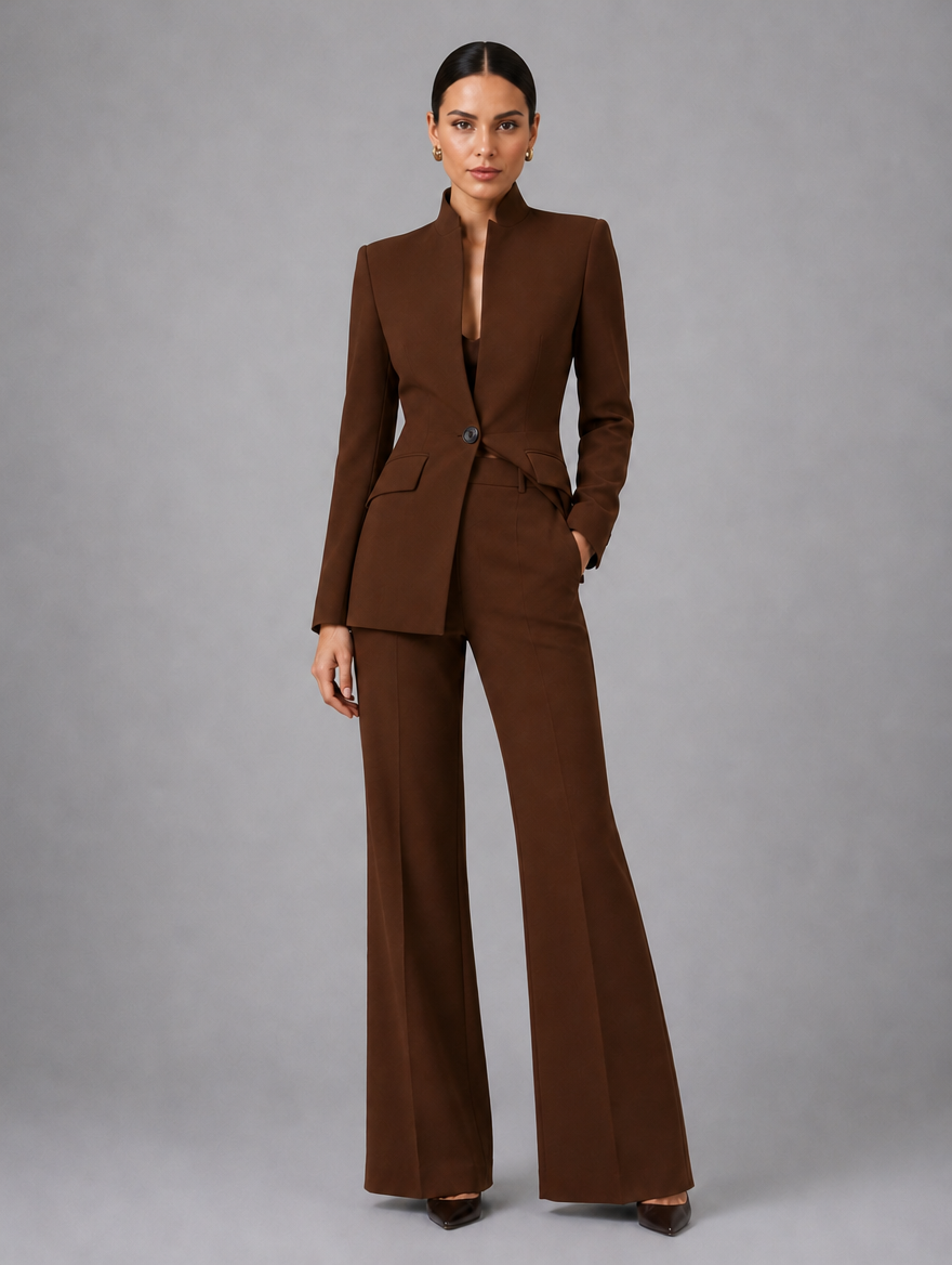 Women’s Tailored Blazer & Trouser Suit Set – Smart Formal Co-Ord — Brown