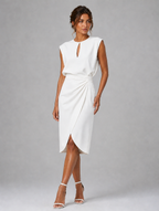 Women’s Keyhole Neck Midi Dress – Ruched Waist Elegant Fit — White