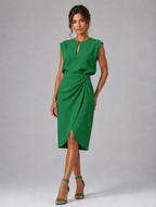 Women’s Keyhole Neck Midi Dress – Ruched Waist Elegant Fit — Green