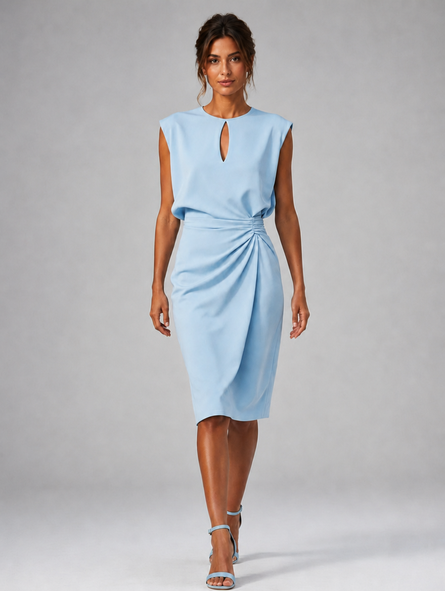 Women’s Keyhole Neck Midi Dress – Ruched Waist Elegant Fit — Light Blue