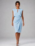 Women’s Keyhole Neck Midi Dress – Ruched Waist Elegant Fit — Light Blue