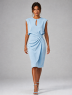Women’s Keyhole Neck Midi Dress – Ruched Waist Elegant Fit — Light Blue