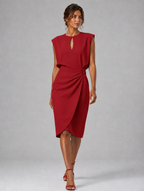 Women’s Keyhole Neck Midi Dress – Ruched Waist Elegant Fit — Red