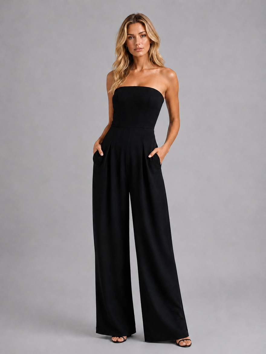 Women’s Strapless Wide Leg Jumpsuit – Elegant Structured Summer Style — Black