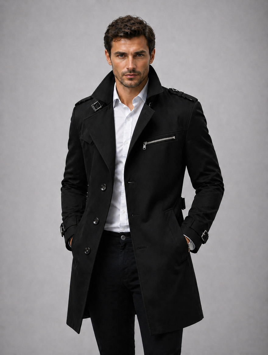 Men’s Belted Trench Coat – Classic Tailored Style Jacket — Black