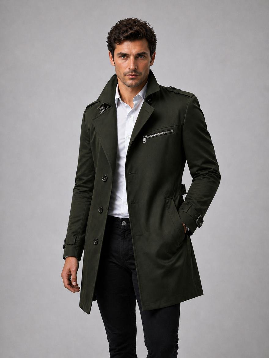 Men’s Belted Trench Coat – Classic Tailored Style Jacket — Dark Green