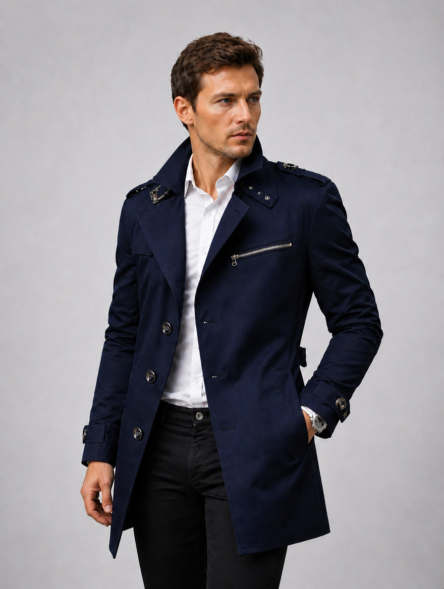 Men’s Belted Trench Coat – Classic Tailored Style Jacket — Navy
