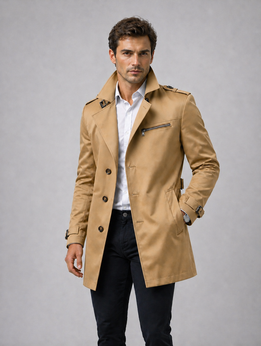 Men’s Belted Trench Coat – Classic Tailored Style Jacket — Beige