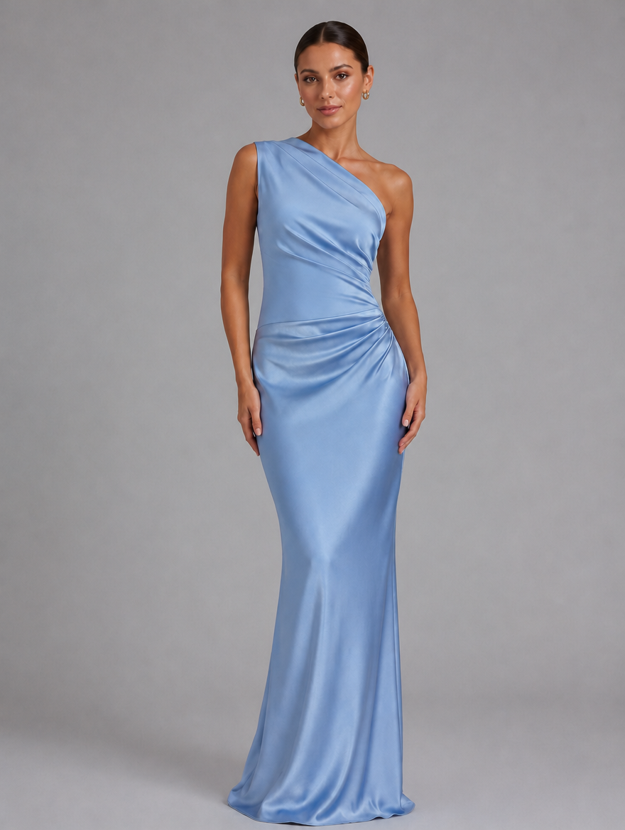 Women’s One-Shoulder Satin Feel Maxi Dress — Blue