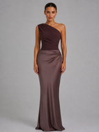 Women’s One-Shoulder Satin Feel Maxi Dress — Brown