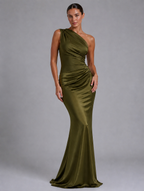 Women’s One-Shoulder Satin Feel Maxi Dress — Green