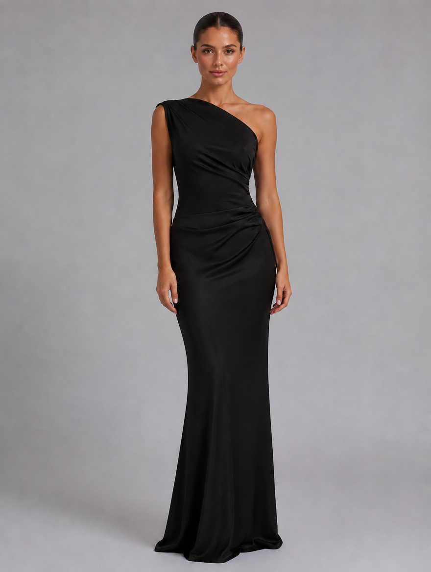 Women’s One-Shoulder Satin Feel Maxi Dress — Black