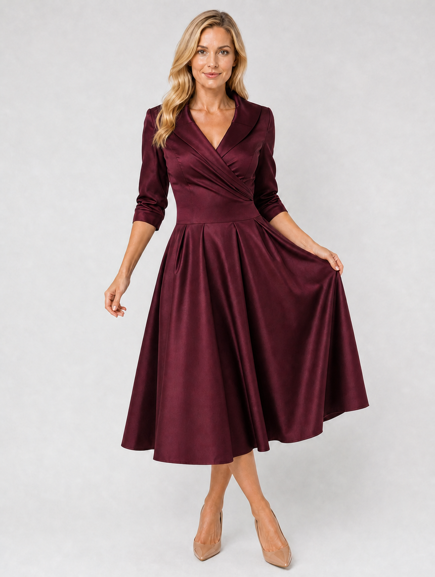 Women’s Satin Feel Wrap Midi Dress with Pockets — Burgundy