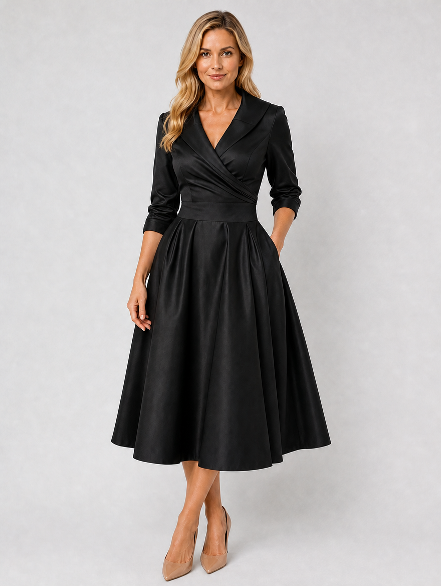 Women’s Satin Feel Wrap Midi Dress with Pockets — Black
