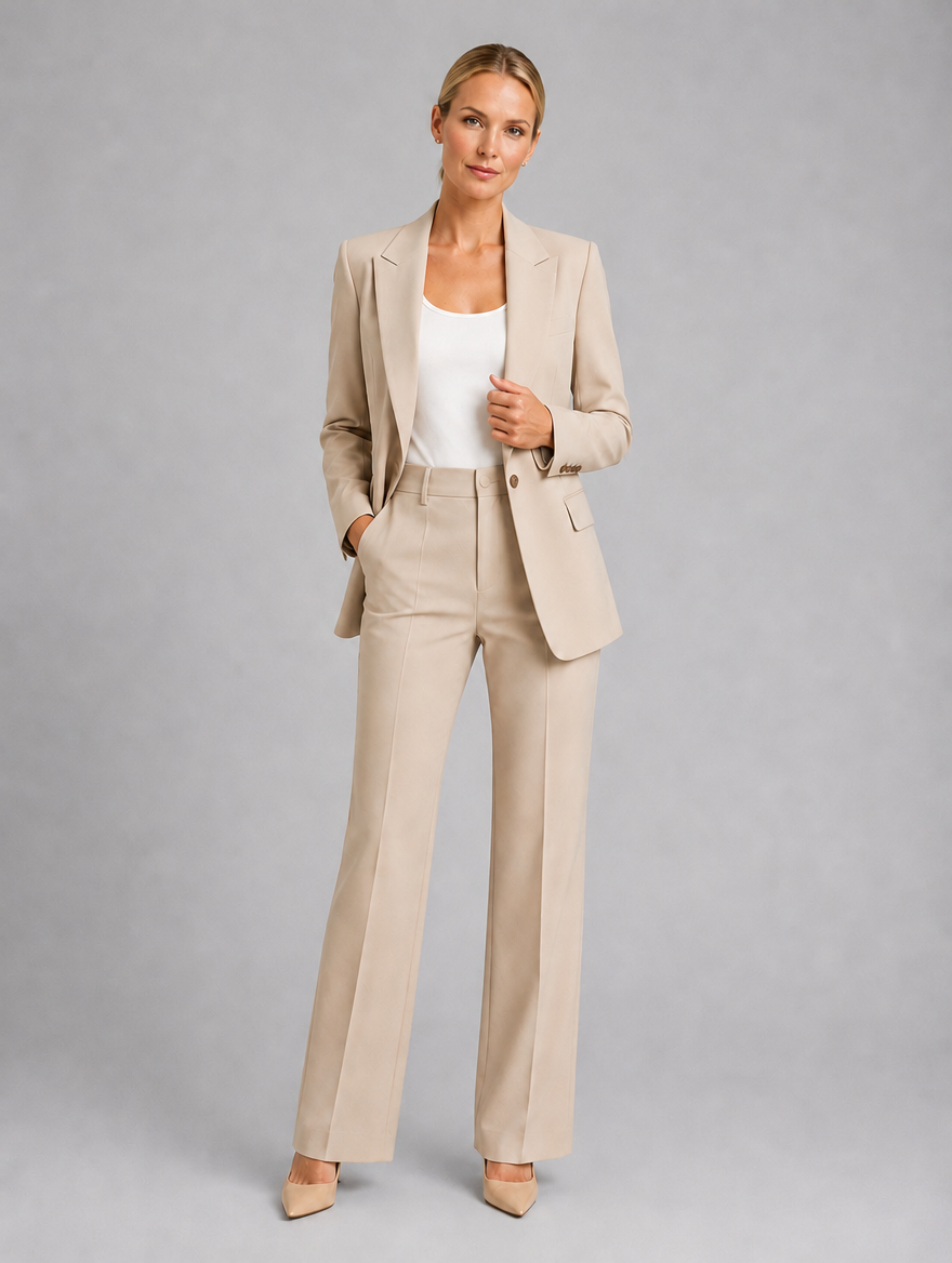 Women’s Tailored Blazer & High-Waist Trousers Set — Beige