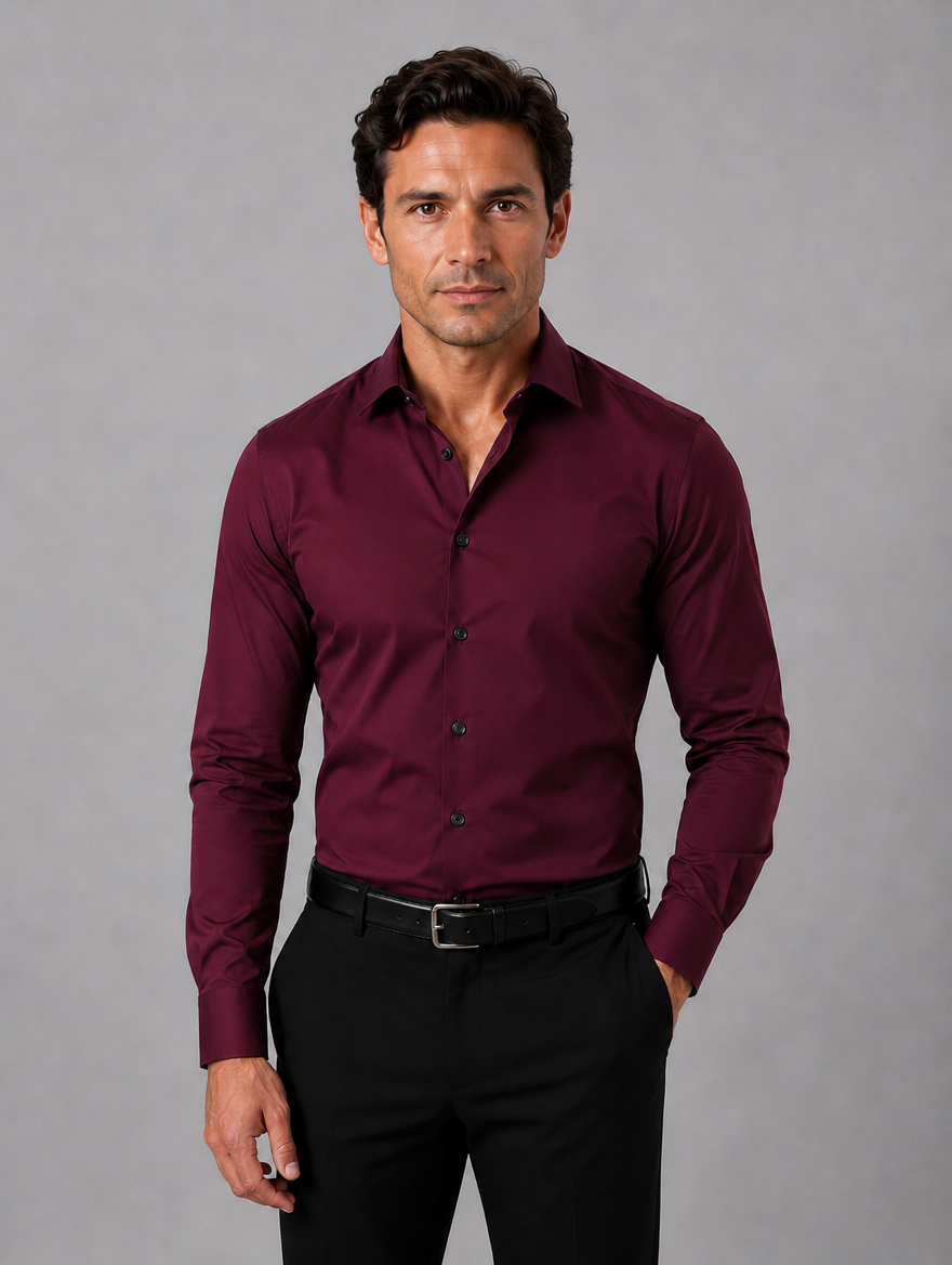 Men's Slim Fit Dress Shirt – Long Sleeve Smart Formal Shirt — Wine Red