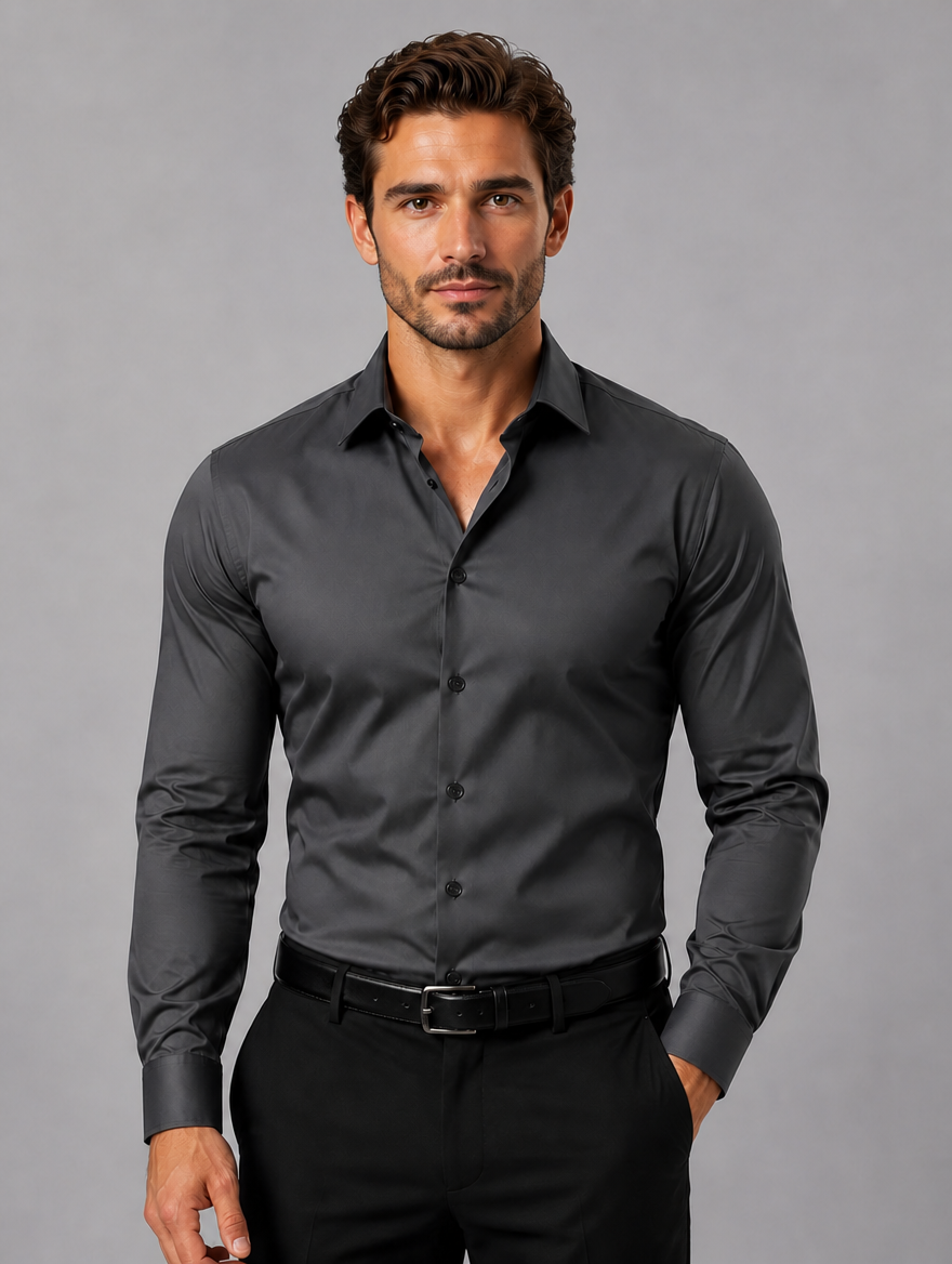 Men's Slim Fit Dress Shirt – Long Sleeve Smart Formal Shirt — Black Grey