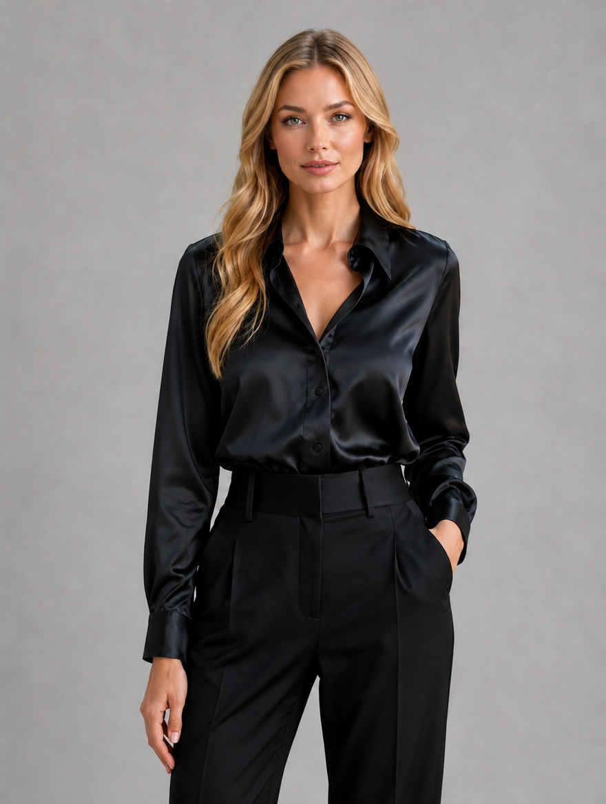 Women’s Satin Look Blouse – Button Up Long Sleeve Silky Shirt — Black