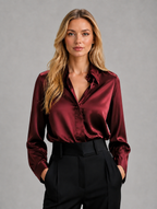 Women’s Satin Look Blouse – Button Up Long Sleeve Silky Shirt — Burgundy