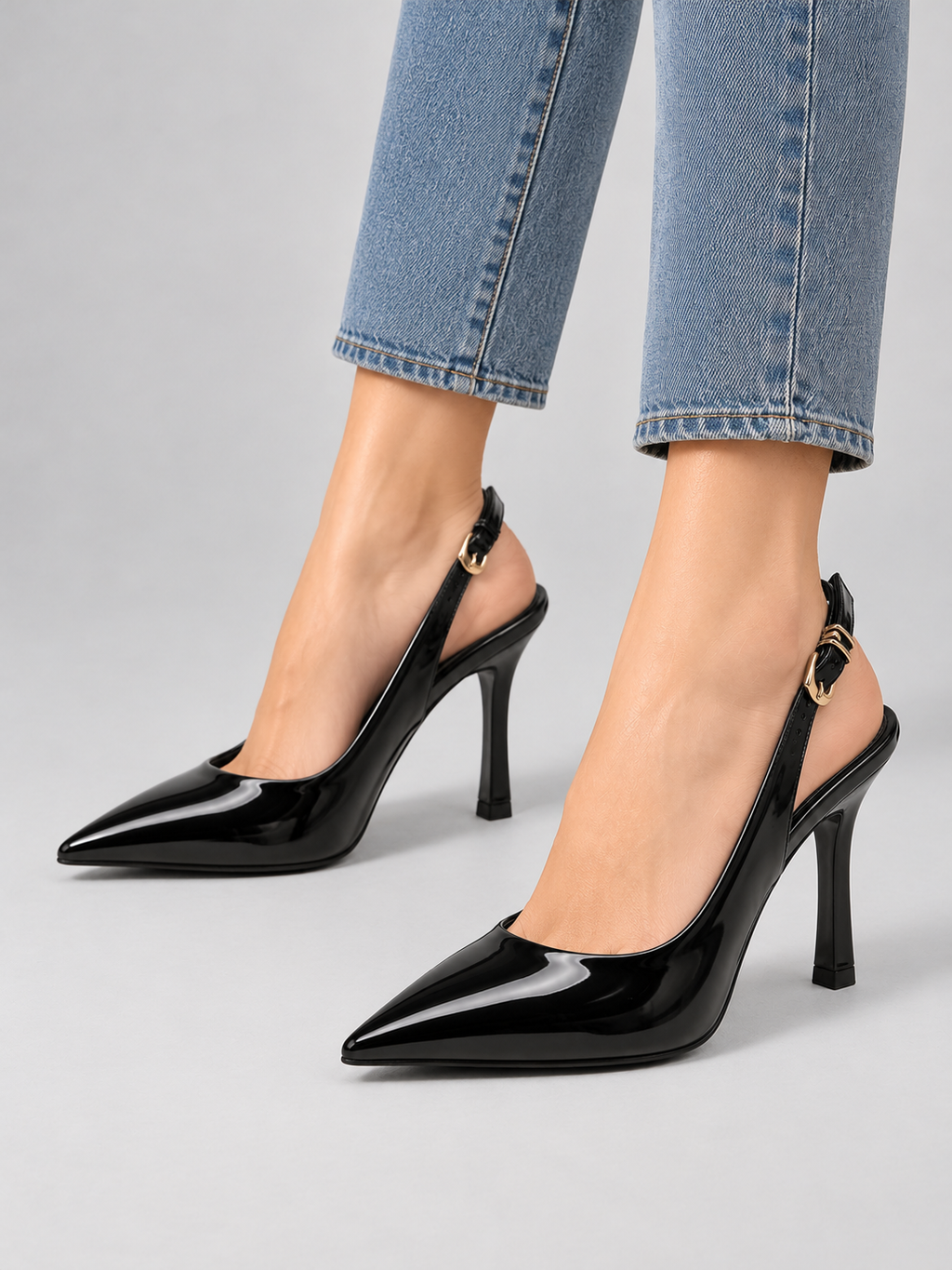Women’s Patent Slingback Stiletto Heels — model-worn studio view