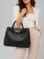 Women’s Woven Vegan Leather Handbag – Gold Detail Tote Bag — model-worn studio view