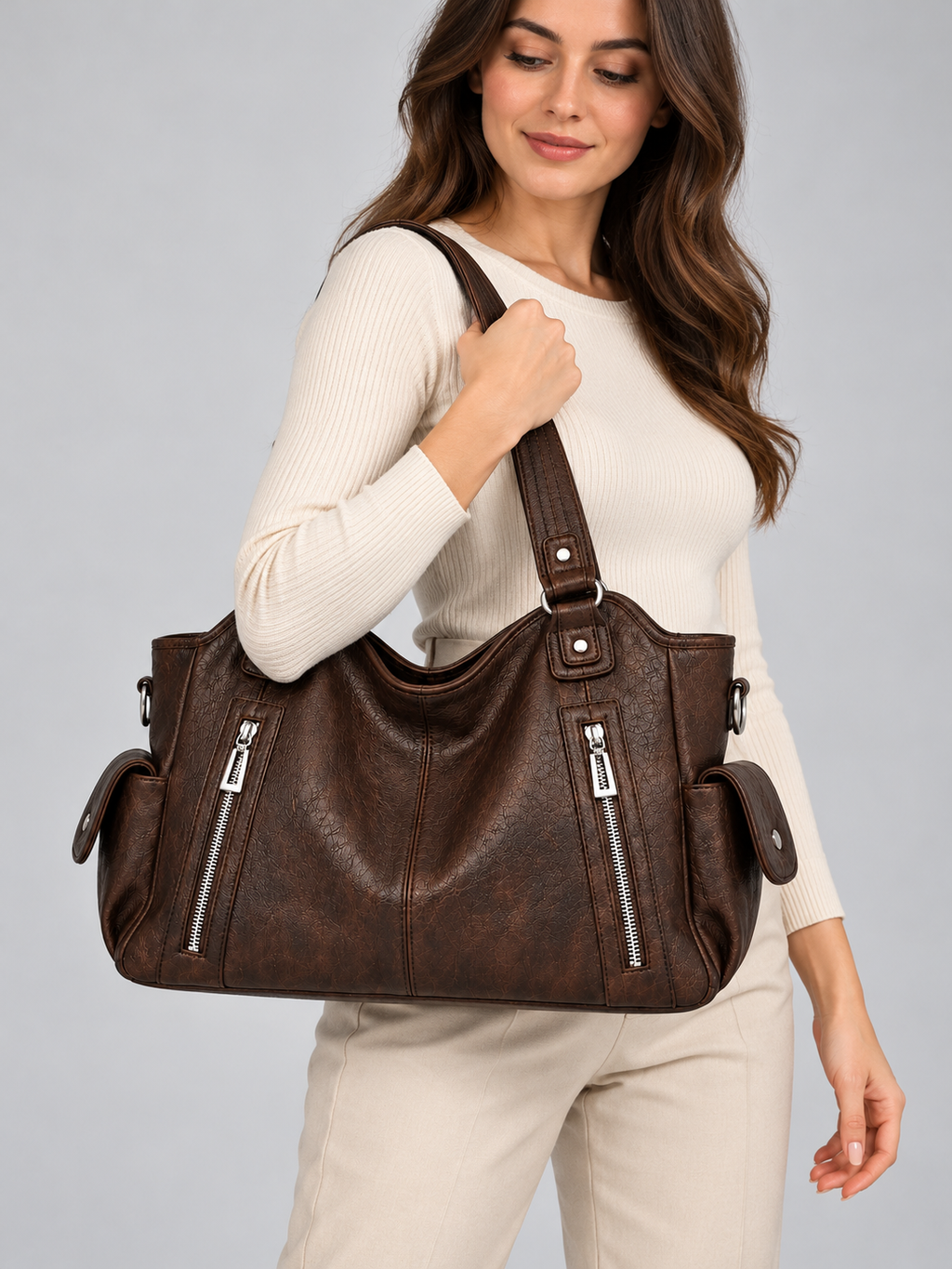 Women’s Spacious Shoulder Bag – Multi Pocket Tote Handbag — model-worn studio view