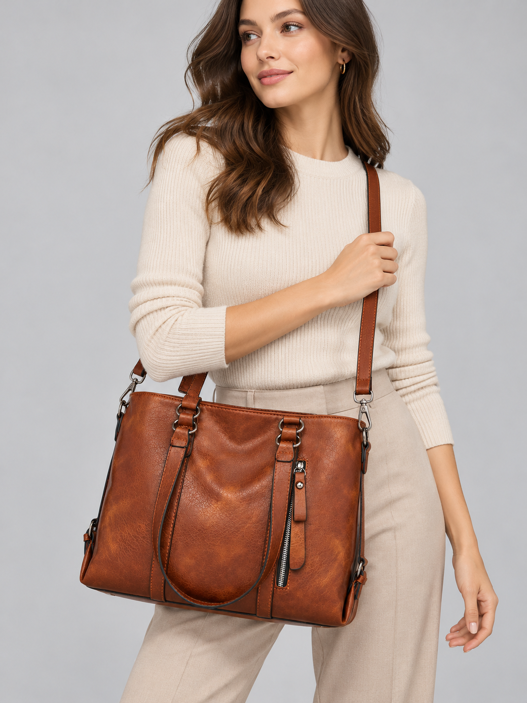 Women’s Large Leather Tote Bag — model-worn studio view