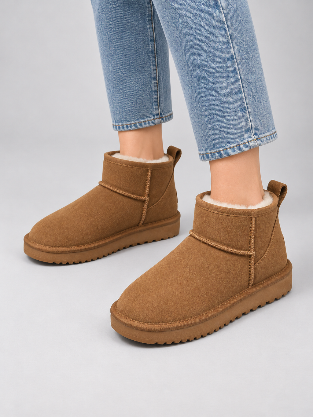 Women’s Suede Ankle Boots – Shearling Lined Winter Slip-On Shoes — model-worn studio view